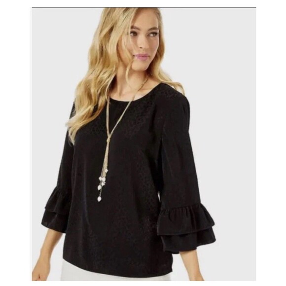 LILLY PULITZER Christie Top Small Onyx Black Leopard Jacquard Ruffle Blouse - Picture 2 of 9